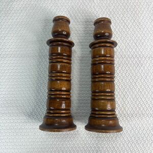 VTG Turned Wood Candlestick Holders Set of 2 Brown Spindle Taper MCM Felt Bottom